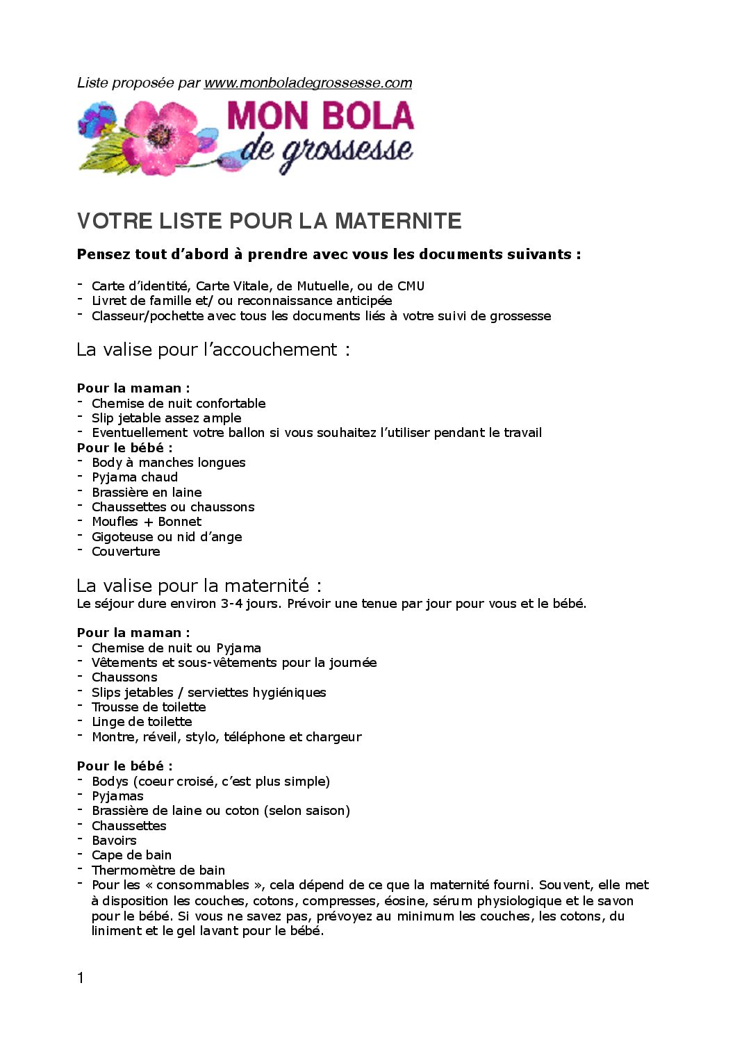 liste-valise-maternite-aimprimer • Bola de grossesse pour future maman