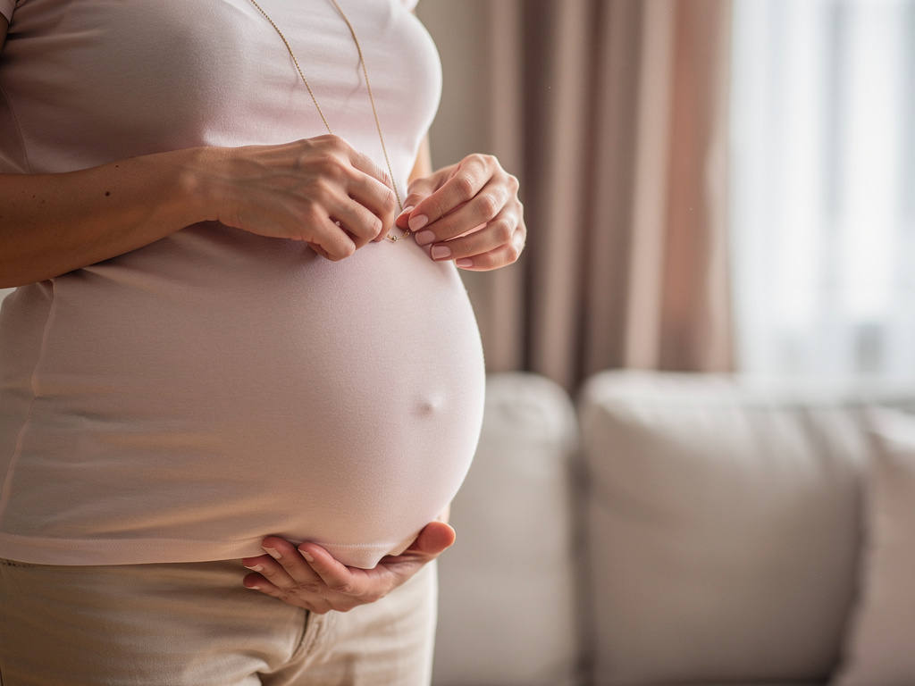 Mains ajustant la chaine d'un bijou de grossesse près du ventre