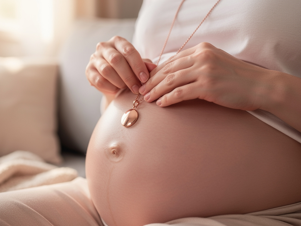 Mains d'une future maman tenant délicatement un bola teinte rose gold