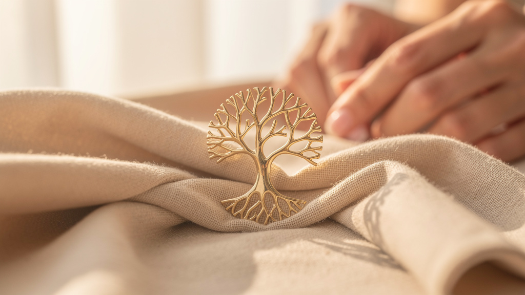 Pendentif en forme d'arbre de vie posé délicatement sur un tissu doux
