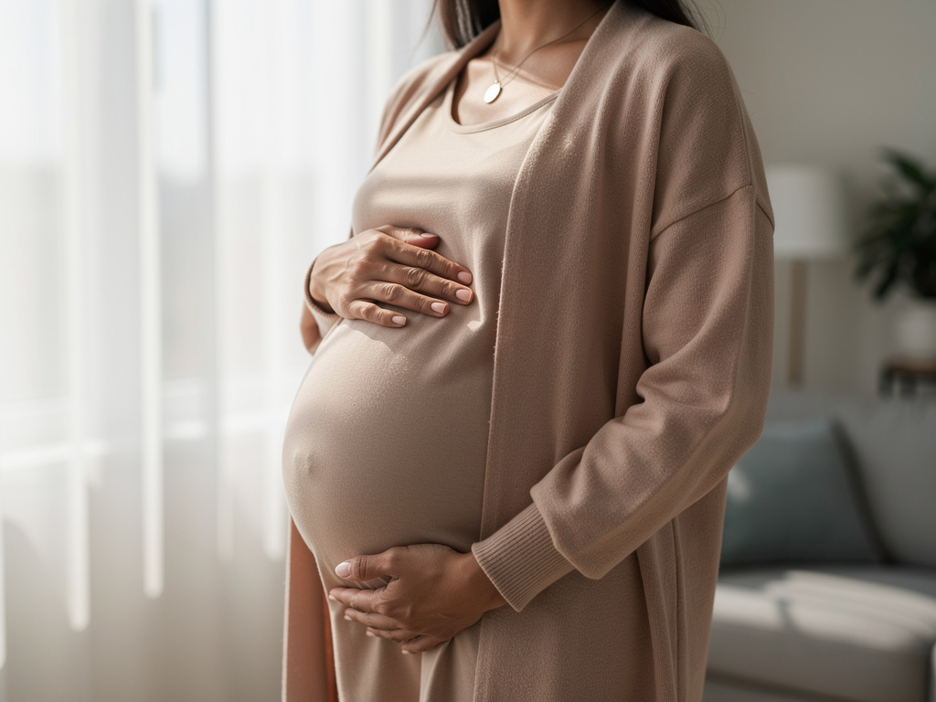 Silhouette d'une femme enceinte portant un bijou pendentif rond sur le ventre