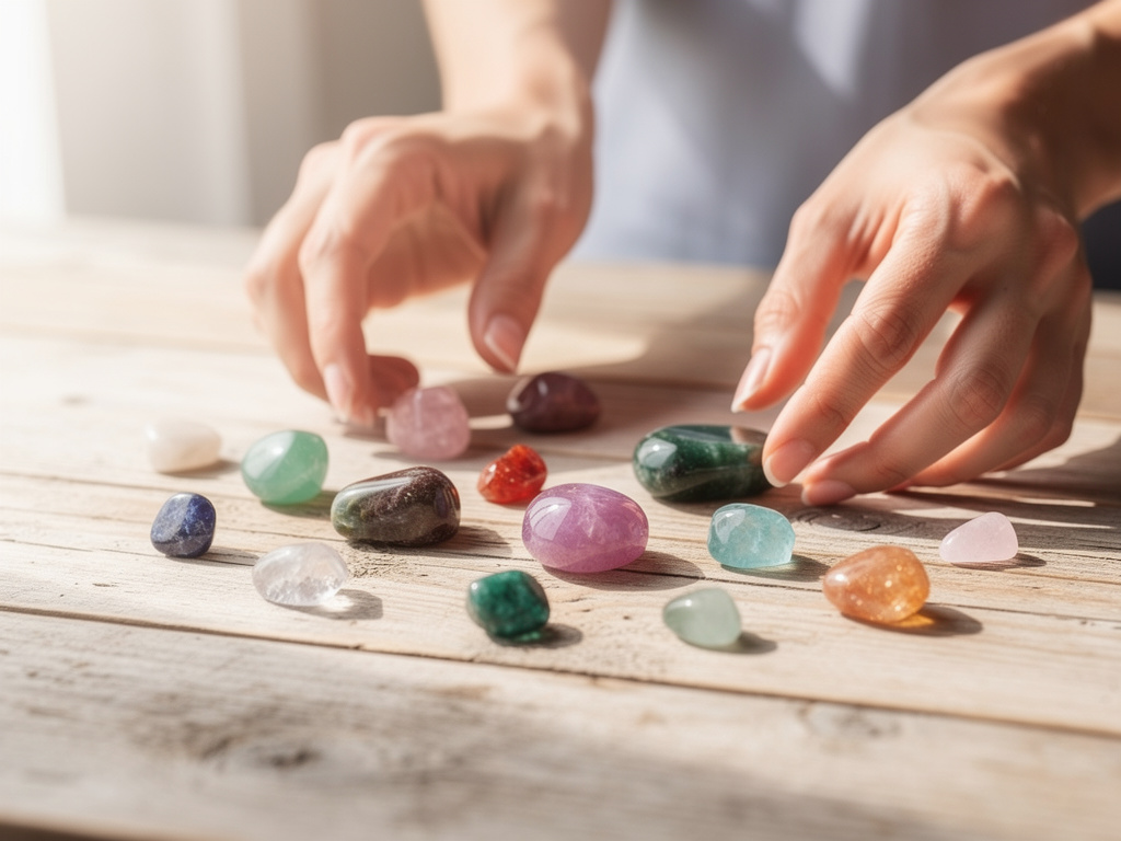 Plusieurs pierres naturelles colorées disposées avant la fabrication d'un bola