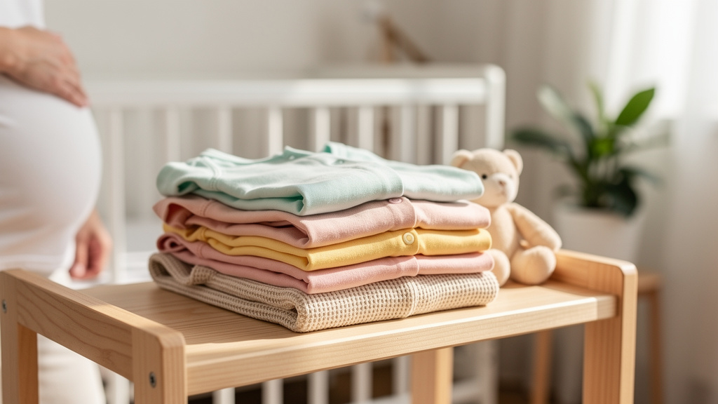 Pile de vêtements de bébé pliés sur une étagère en bois
