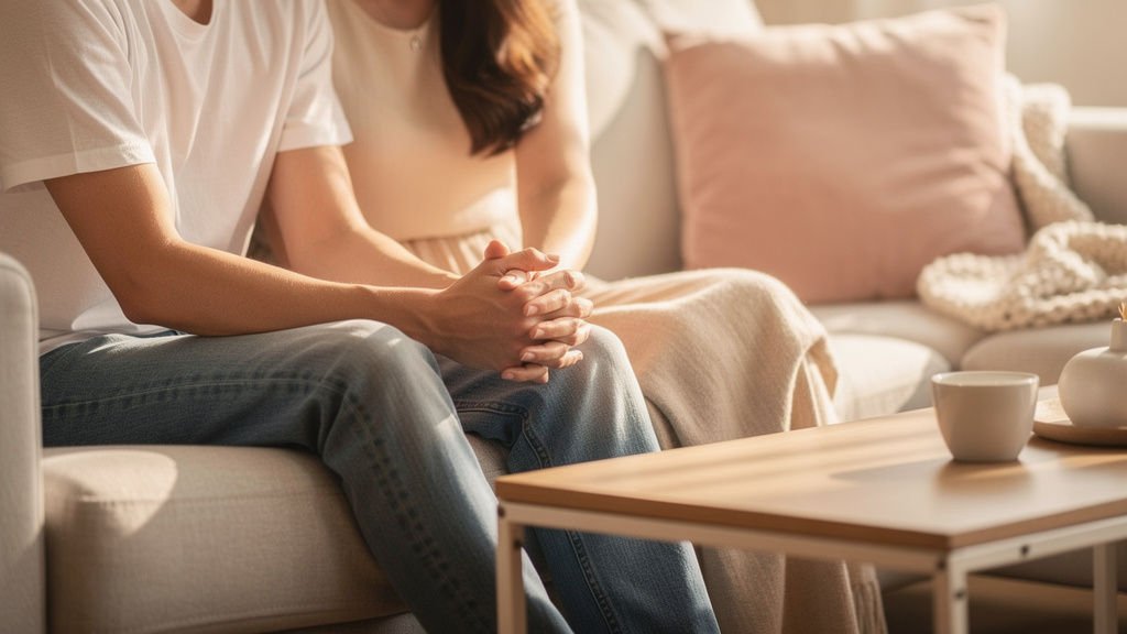 Jeune couple assis ensemble dans un salon chaleureux, moment intime et calme