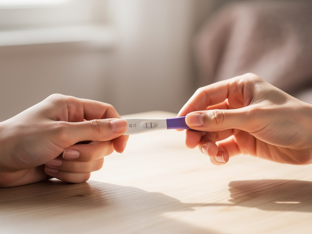 Mains tenant délicatement un test de grossesse positif sur une table en bois