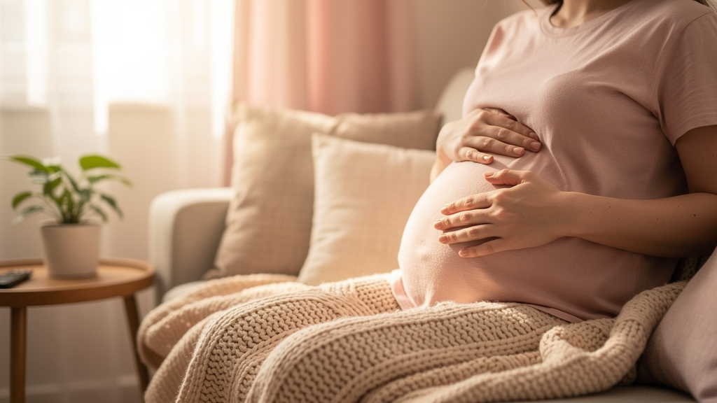 Future maman assise calmement, mains posées sur son ventre arrondi