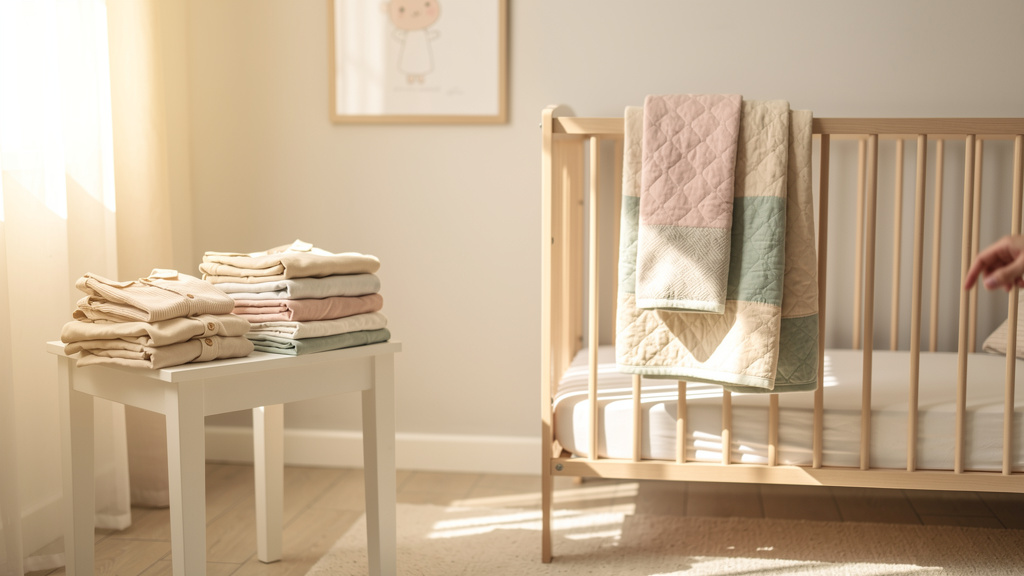 Coin de chambre de bébé avec berceau en bois et linge plié