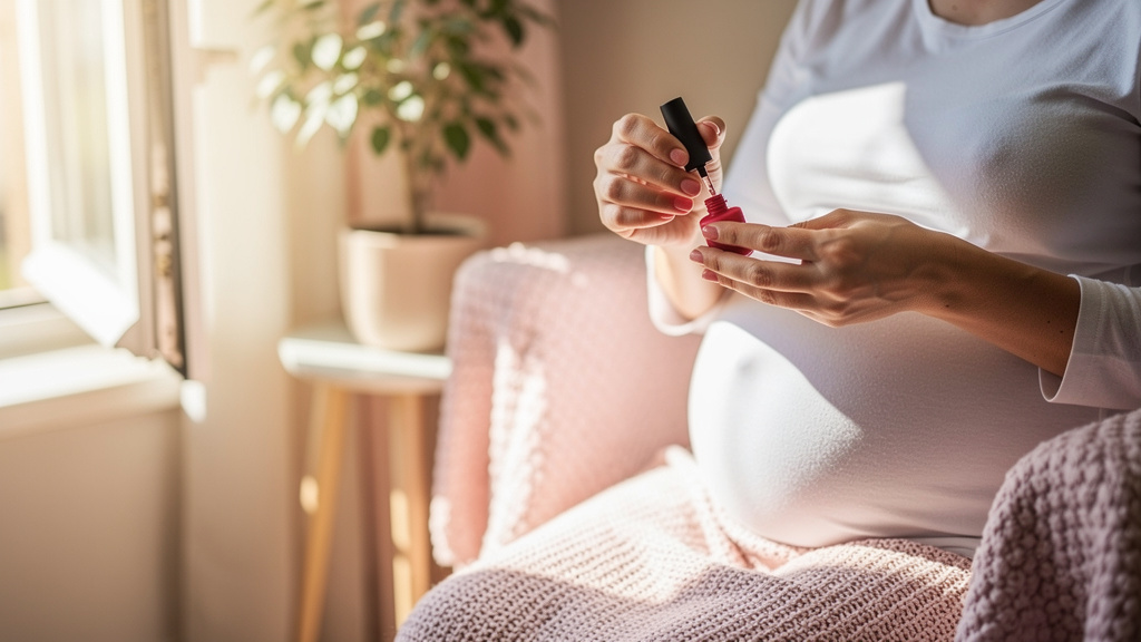 Future maman se vernissant les ongles près d'une fenêtre ouverte